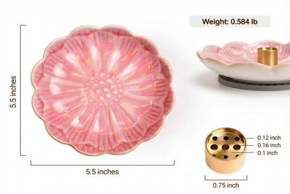 Pinehaven Pink Lotus Incense Holder – 5.5 Inch Hand-Sculpted Ceramic Tray with Ash Catcher, Brass 9-Hole Insert – for Incense Sticks, Cones, Palo Santo & Sage – Japanese Zen Home Décor for Meditation