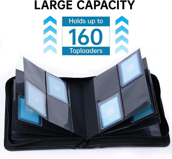 4 Pocket Top Loader Binder with Clear Window, Holds 160 Cards in 3"x 4" Toploaders, Side Loading, for Sports, Anime, MTG, TCG Card Collection, Gray-Black