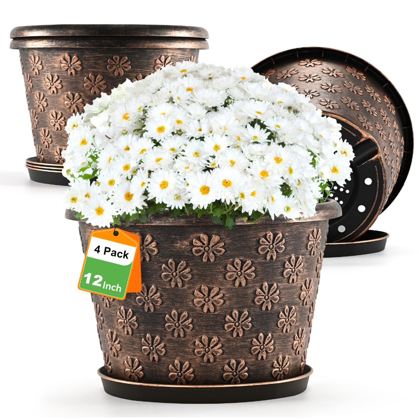 12 Inch Planter Pots for Plants, Plastic Large Flower Pots Indoor Outdoor, 4 Pack Resin Plant Pot with Drainage & Saucer, Retro Decorative Garden Pot with Removable Trays for House