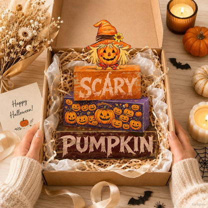 4 Pcs Halloween Table Decor Wooden Scarecrow Tiered Tray Decorations Rustic Farmhouse Tabletop Centerpiece Scary Pumpkin Wood Block Signs for Home Kitchen Shelf Mantel Office Desk