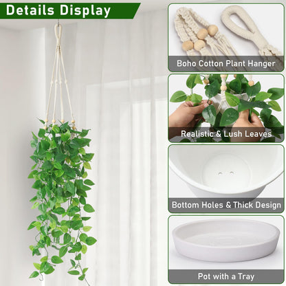 KTGOW Artificial Hanging Plants with Boho Macrame Plant Hanger - Fake Ivy Vines in Pot for Wall, Bedroom Home Faux Greenery for Indoor Outdoor Decor (2 Packs)