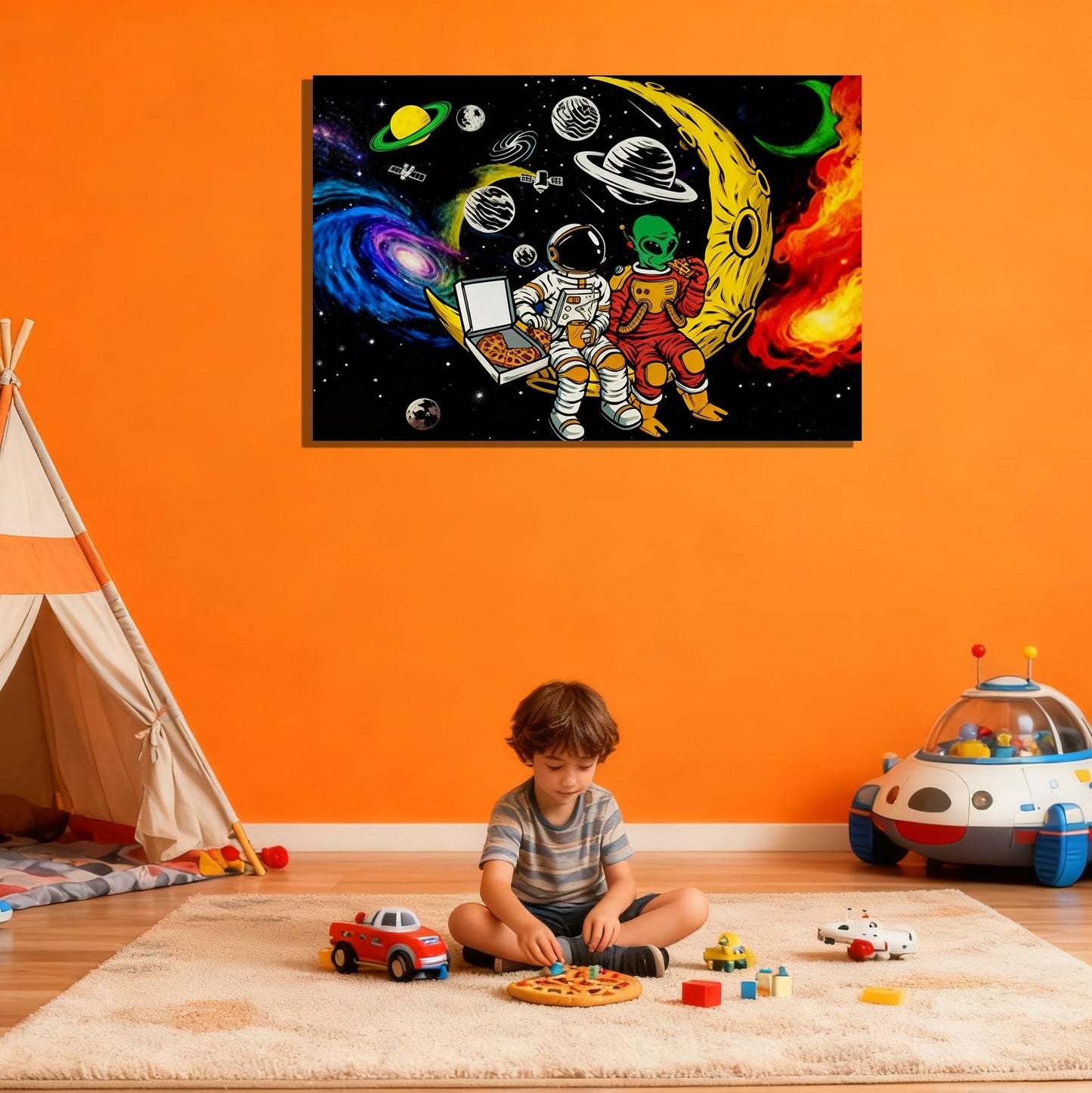 16x24 Space Astronaut Alien Pizza Party Canvas Wall Art Black Cosmic Prints Moon Planet Poster Home Framed Decor Kids Bedroom Fantasy Painting Teen Boy Room Funny Gift Picture Child Study Room Photo