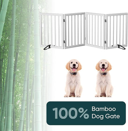 Semiocthome Bamboo Dog Gate with 2 Stands, Freestanding Puppy Gate for Doorways & Stairs - 24" Height, 4 Panels, Adjustable White Safety Fence