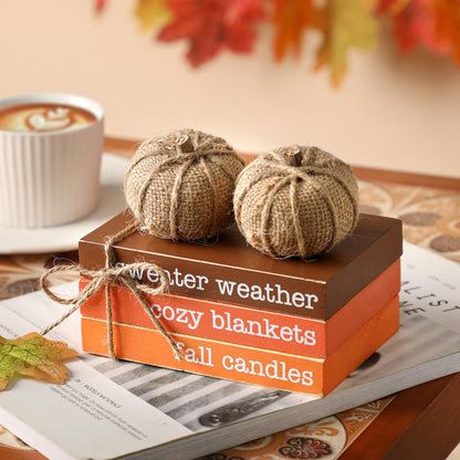 KORMMCO Thanksgiving Decor, Fall Tiered Tray Decor, Wood Book Stack with Maple Leaves & Pumpkins, Farmhouse Mini Decorative Books Bundle, Fall Decor for Table