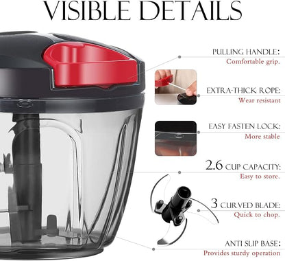 Ourokhome Manual Food Processor Vegetable Chopper, Portable Hand Pull String Garlic Mincer Onion Cutter for Veggies, Ginger, Fruits, Nuts, Herbs, etc., 650ml, Black