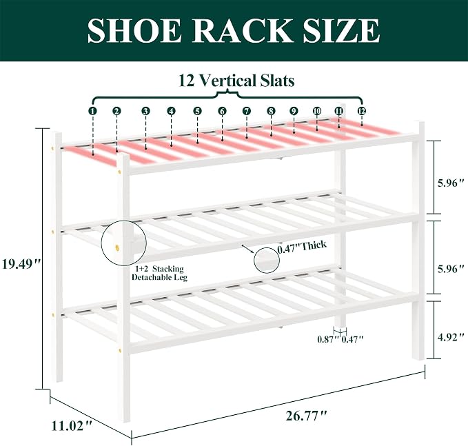 Smiry Bamboo Shoe Rack, 3 Tier Free Standing Wooden Shoe Organizer, Stackable Wood Shoe Storage Shelf for Closet, Entryway, 12 Vertical Slats, 2+1 Stack Standard Legs, 26.8"x11"x19.5", White