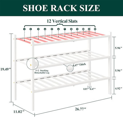 Smiry Bamboo Shoe Rack, 3 Tier Free Standing Wooden Shoe Organizer, Stackable Wood Shoe Storage Shelf for Closet, Entryway, 12 Vertical Slats, 2+1 Stack Standard Legs, 26.8"x11"x19.5", White
