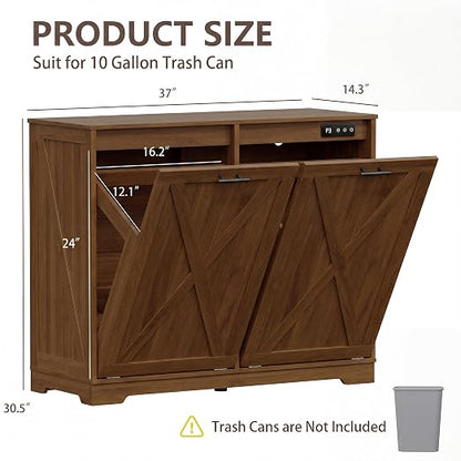 Double Tilt Out Trash Can Cabinet, Wooden Farmhouse Kitchen Garbage Bin Enclosure with Negative Ion Odor Control, Hidden Dog Proof Trash or Laundry Basket Storage for Laundry Room, Walnut