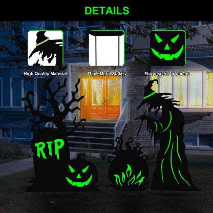 3 Pack Halloween Yard Signs Outdoor Decorations - Glow in the Dark Scary Witch Tombstone Cauldron Metal Stakes, Waterproof Fluorescent Lawn Garden Halloween Decor for Graveyard Party (Witch Tombstone Cauldron, 3 Pack)