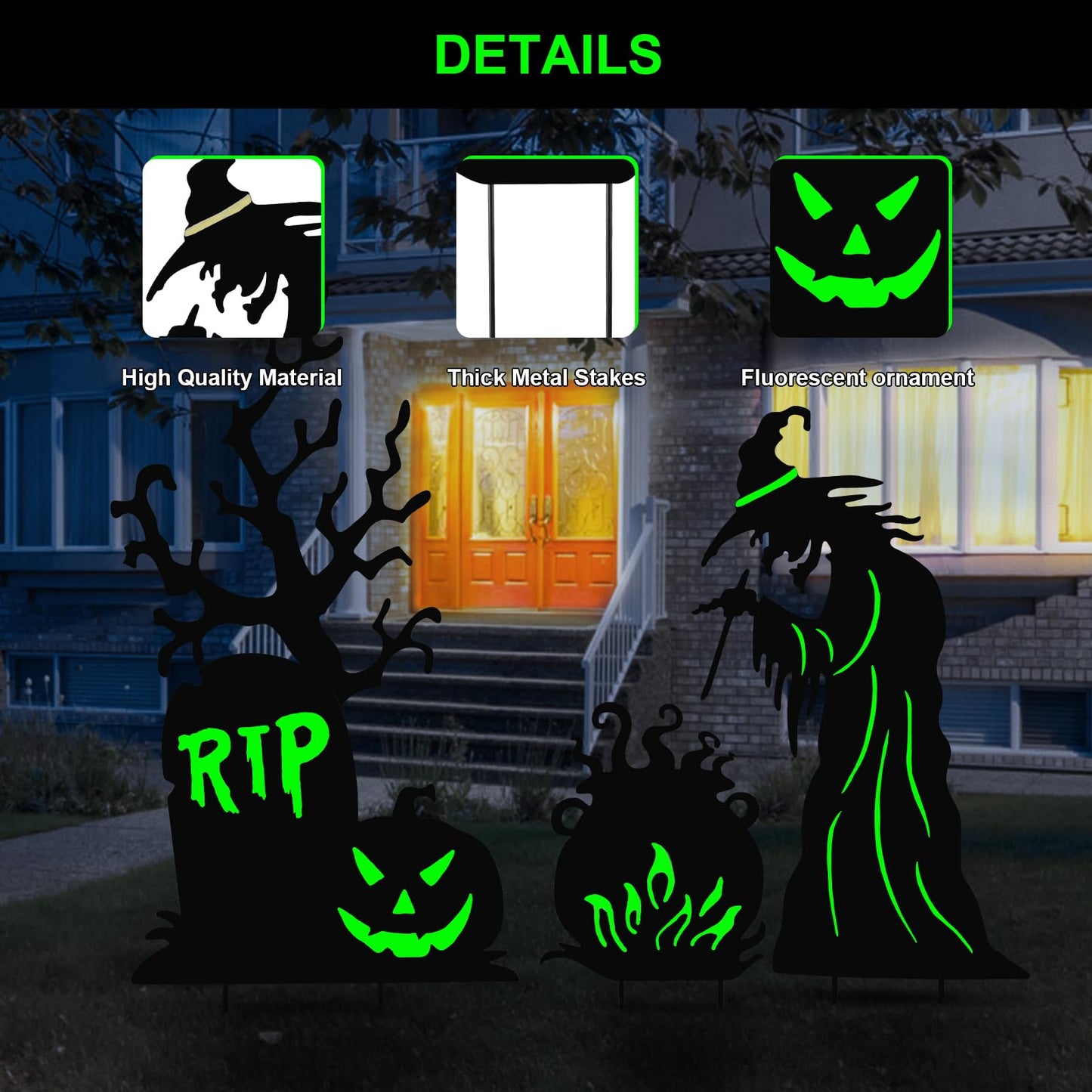 3 Pack Halloween Yard Signs Outdoor Decorations - Glow in the Dark Scary Witch Tombstone Cauldron Metal Stakes, Waterproof Fluorescent Lawn Garden Halloween Decor for Graveyard Party (Large Witch Tombstone Cauldron, 3 Pack)