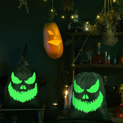 Kingdder 2 Pcs Halloween Glow in The Dark Ghost Bag 16.5 x 13.4 Inch Treat Bags with Drawstrings Cloth Candy Sack Luminous Reusable Tote Bags for Halloween Party Favors Supplies Gift (Fierce)