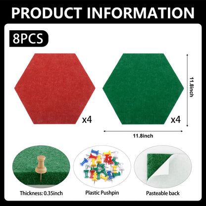 8 Packs Red Green Hexagon Felt Pin Board, 12" Bulletin Board with 30 Push Pins, Felt Board for Home Kitchen Office Decor, Self-Adhesive Corkboard Tiles for Walls Message Photos Memos Display