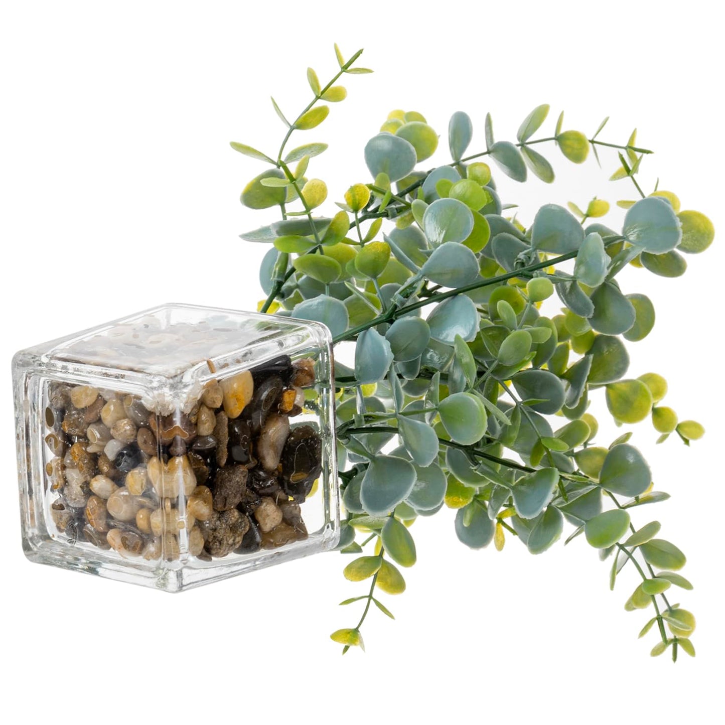 MyGift Artificial Rosemary Eucalyptus and Boxwood Plants Potted in Clear Glass Square Pots, Assorted Faux Greenery Indoor Home Table Centerpiece Office Desk Decor, 3 Piece Set