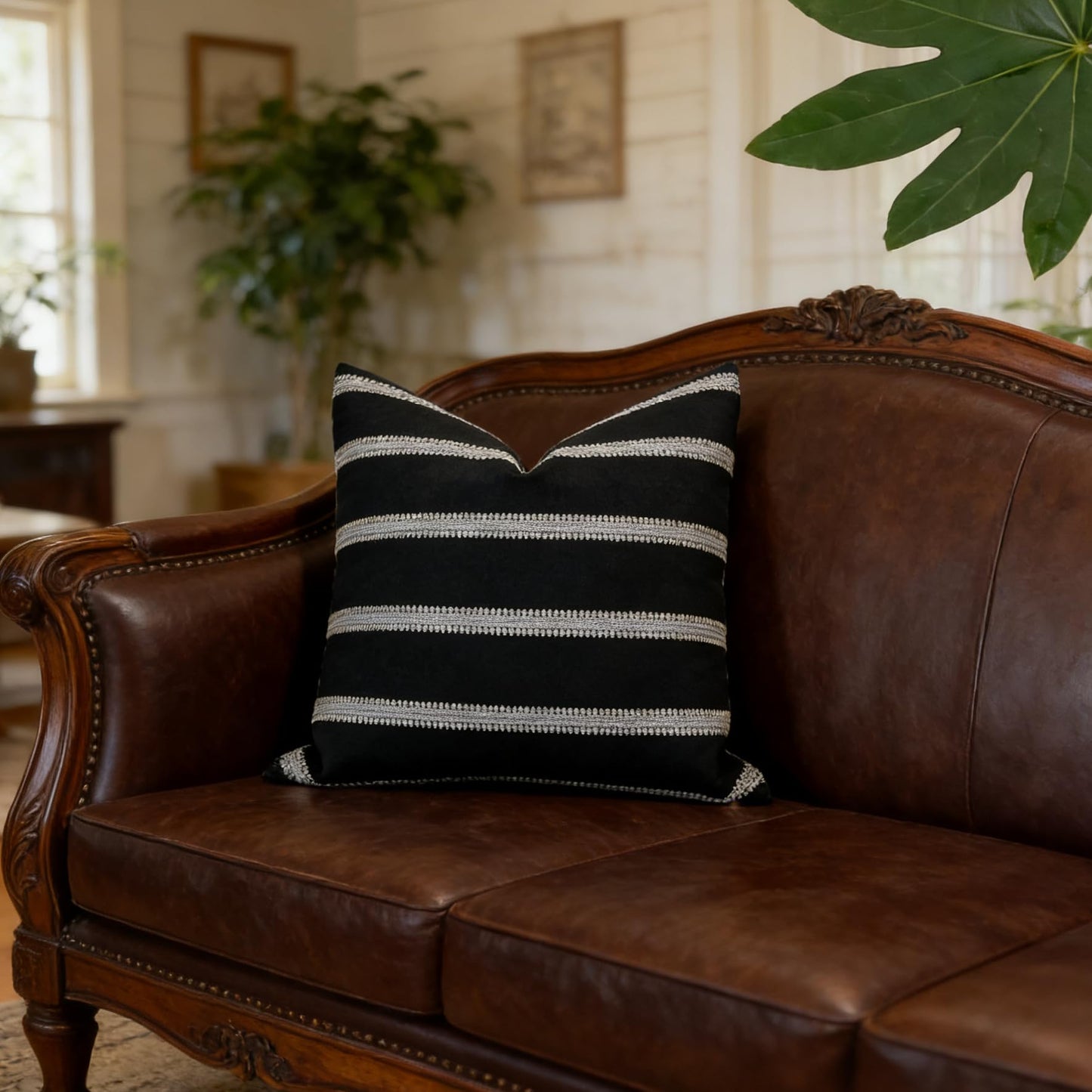Slow Cow Decorative Jacquard Textured Woven Stripe Throw Pillow Cover Cushion Cover 26 x 26 Inches Black Mixed Off White