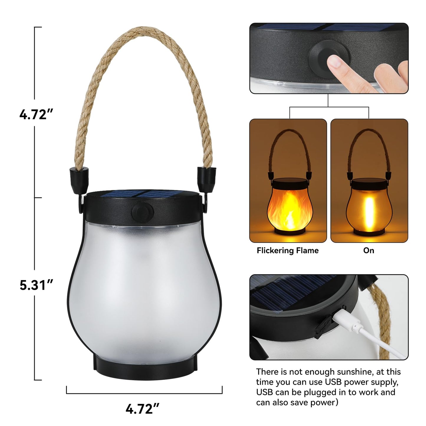 Solar Lanterns Outdoor Waterproof, 2 Pack Hanging Solar Lights for Outside, Flickering Flame Hanging Lanterns, Dual Charging USB/Solar Powered Outdoor Lanterns for Porch Yard Garden Patio Decor