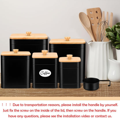 Buryeah 5 Pcs Kitchen Canisters for Countertop with Labels Airtight Metal Containers Coffee Tea Sugar Flour Jars with Spoon Farmhouse Big Food Storage Set for Kitchen(Black)