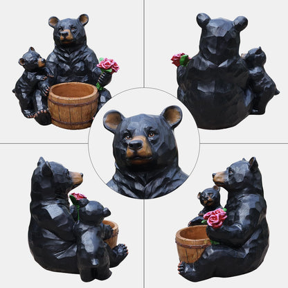 elesculor Black Bear Mother & Cub Garden Statue Planter, Resin Outdoor Flower Pot with Barrel Basket, Decorative Animal Planter for Patio, Yard, Lawn, Cabin Decor