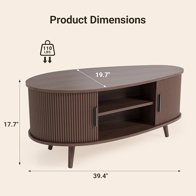 Seang Fluted Coffee Table with Storage,39" Oval Coffee Table with Dual Sliding Doors,Wooden Center Table for Living Room Home Office,Walnut