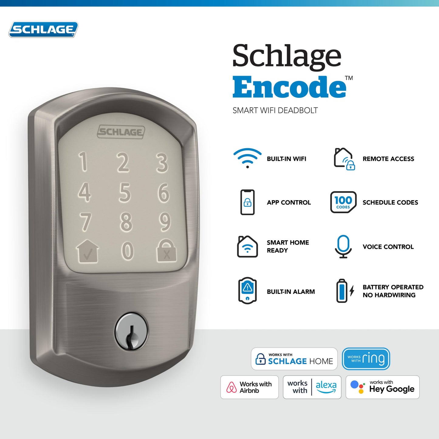 Schlage Encode Smart WiFi Deadbolt Lock for Front Door - Keyless Entry with App or Touchscreen - Works with Alexa, Hey Google, & Airbnb - Create Codes for Guests - Matte Black