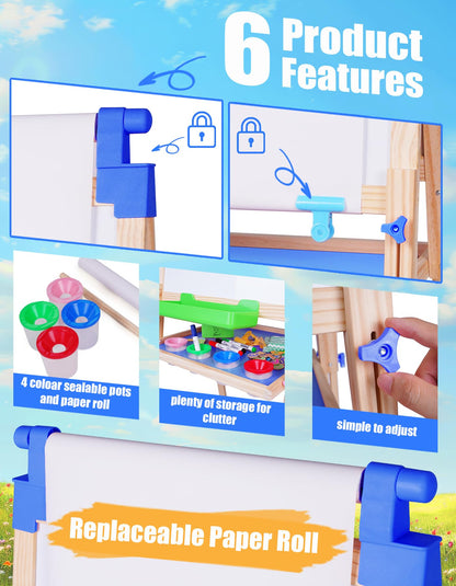 JOYOOSS Easel for Kids Art Easel Kids Easels for Toddlers,Wooden Kid Easel with Paper Roll - Adjustable Magnetic Double Sided Kids Dry Erase Board,Birthday Gifts for 1-12 Year Old Girls or Boys Blue