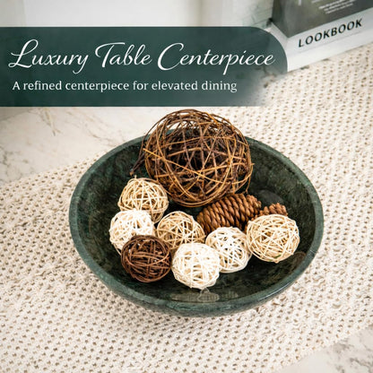 Decorative Marble Bowl Green - Handcrafted Natural Stone on Acacia Wood Pedestal - Versatile 10" Catch‑All Centrepiece for Home Decor - Entryway, Dining Table, Kitchen Fruit Bowl, Key Holder (Green)