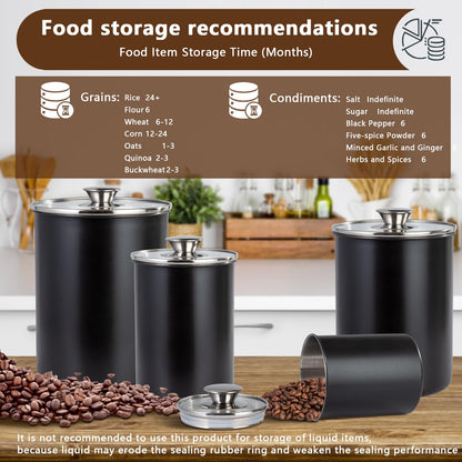malmo Stainless Steel Food Canister Set of 4-Piece, 16/49/85/132 Ounces,Airtight Containers with Glass Lid for Tea,Coffee,Sugar,Flour,Pantry Kitchen Storage Storeroom Counter (Black)