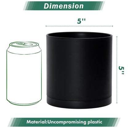 D'vine Dev 4 Pack 5 Inch Modern Plastic Plant Pots, Small Garden Planters for Plant with Drainage Holes and Saucers, Black Color, 74-Y-G-2
