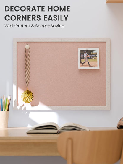 Fluxynara Foldable Cork Board Alternative, Felt Bulletin Board 23.6" x 17.5" Oatmeal Frame with 12 Adhesive Tabs, Pin Board for Home Office, Classroom, Entryway, Kitchen Wall Decor—Pink