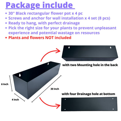 LaLaGreen Wall Planters for Outdoor Plants (30 Inch, 4 Pack) Carbon Steel Black Metal Hanging Flower Pots Outdoor for Succulents, Wall Mount Rectangular Long Window Sill Box Fence Deck Garden Decor