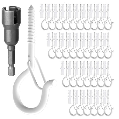 GIPTIME 32Pcs Q-Hanger Hooks with Safety Buckle, Windproof Screw Hooks for Hanging Outdoor String Lights, Plants, Christmas Decorations, Includes Wing Nut Driver, White