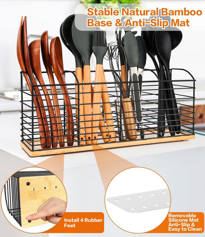 PrimZooty Extra Large Utensil Holder for Kitchen Counter - 15.7"x 6.7"x 4.4", Aesthetic Design, Anti-Slip Mat, 4 Compartments, Black Cooking Utensil Organizer for Countertop, Spatula Utensil Caddy