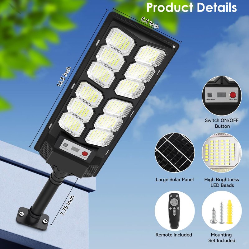 4-Pack Solar Street Lights Outdoor, 13000LM 6500K Waterproof LED Solar Flood Lights with Motion Sensor, Dusk to Dawn Solar-Powered Light for Outside, Security Lights for Parking Lot Yard Driveway