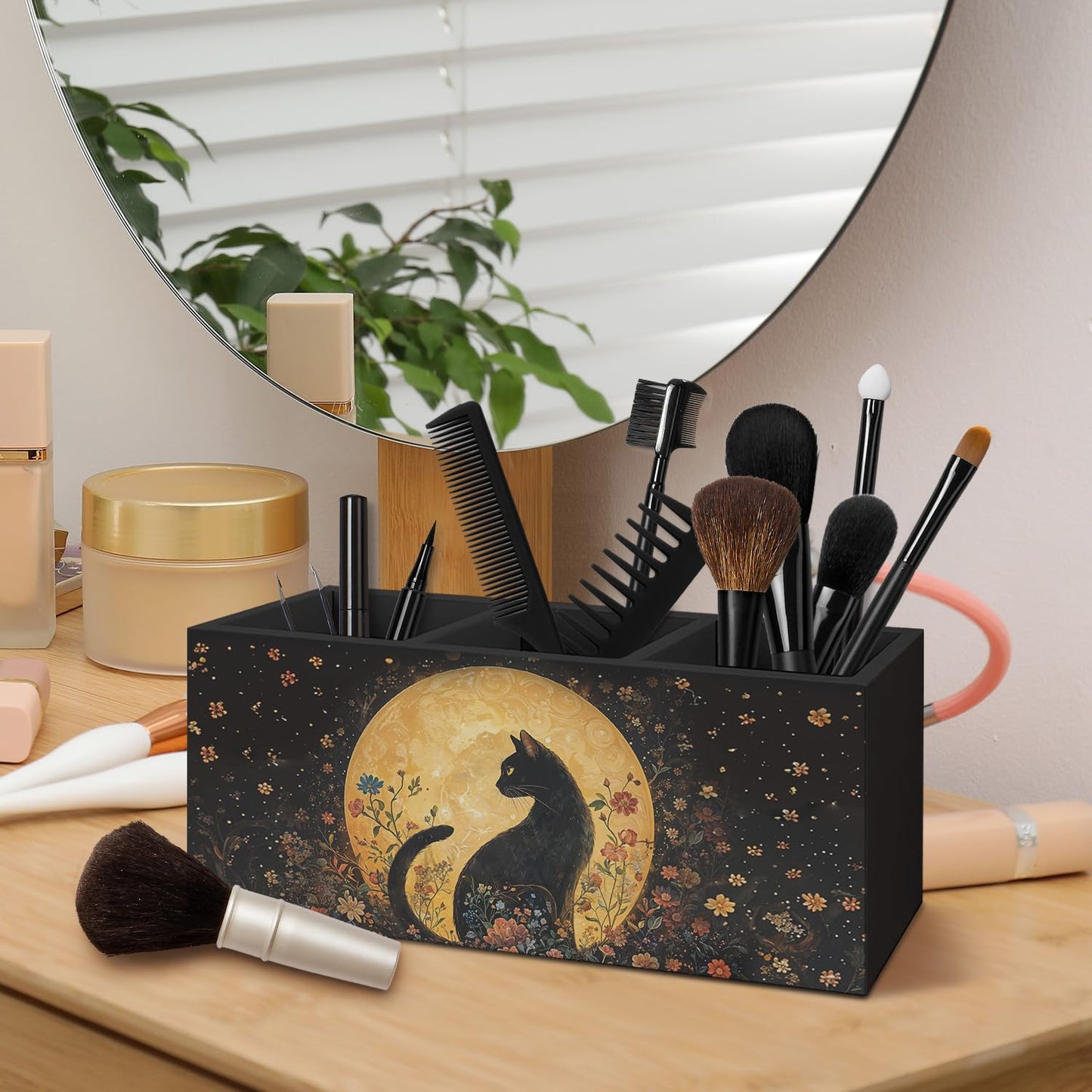 AQYIP Witchy Black Cat Pen Holder for Home Office Desk, Cat Lover Gifts, Witchy Moonlight Floral Black Cats Makeup Brush Toothbrush Holder Organizer for Bathroom Desk Accessories