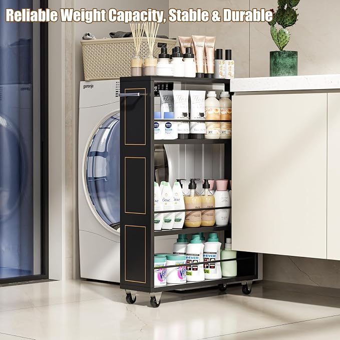 KLM 4 Tier Black Slim Storage Cart with Handle, Slide Out Storage Rolling Utility Cart for Kitchen, Laundry, Narrow Places-6.7" W