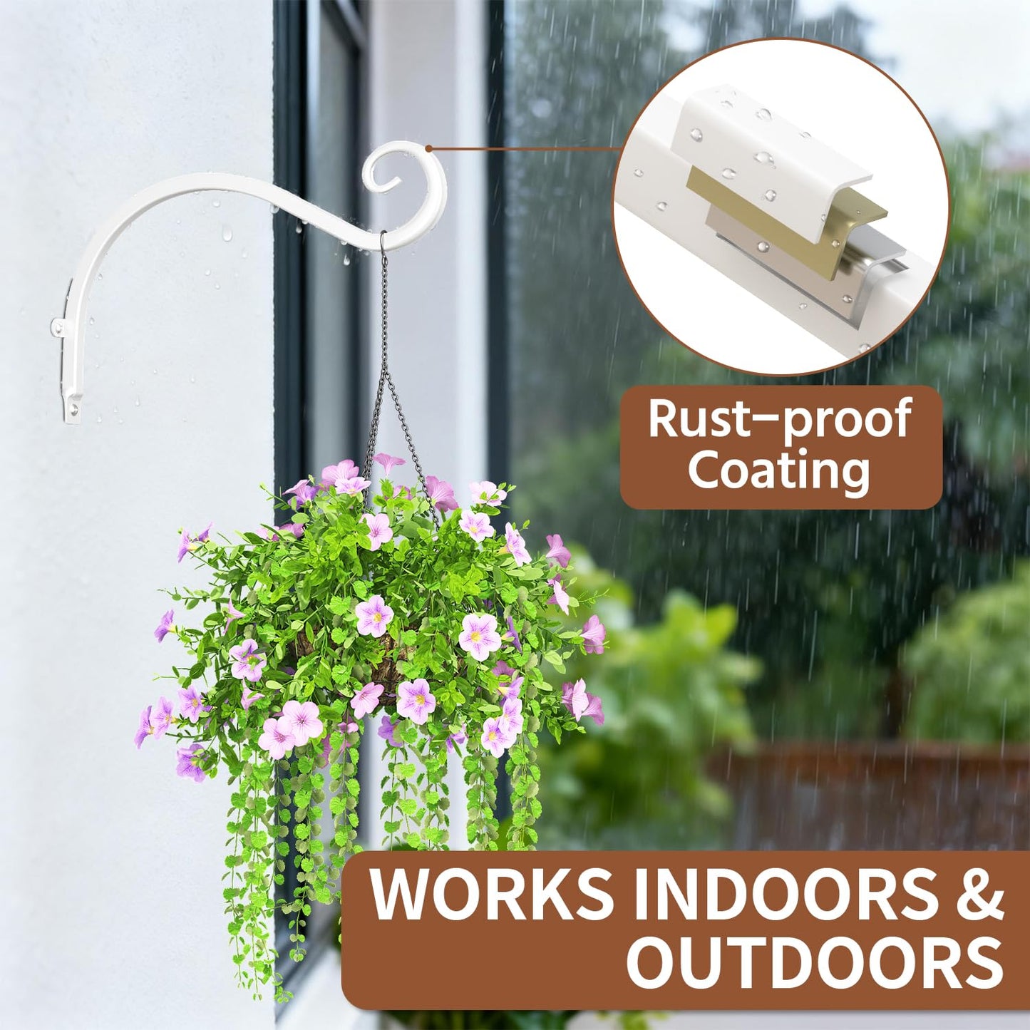 LASZOLA 2 Pack 12 Inch Hanging Plant Brackets, Heavy Duty Iron Wall Hooks for Planter, Bird Feeder, Wind Chime, Lantern, Rust Proof Decorative Hangers for Indoor Outdoor Garden Patio Fence, White