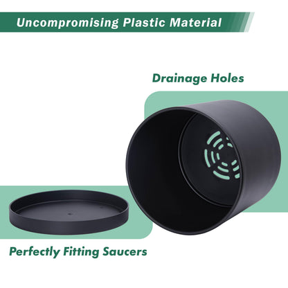 D'vine Dev 10 Inch Plastic Planter Pots for Plant Pot with Drainage Hole and Seamless Saucers, Black Color, 74-X-B-2