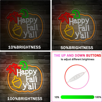 Happy Fall Y'all Neon Sign,Thanksgiving Pumpkin Neon Sign Thanksgiving LED Neon Light Sign Thanksgiving Decorations for Autumn Room Bedroom Table Wall Decor Kids Holiday Gift USB Powered