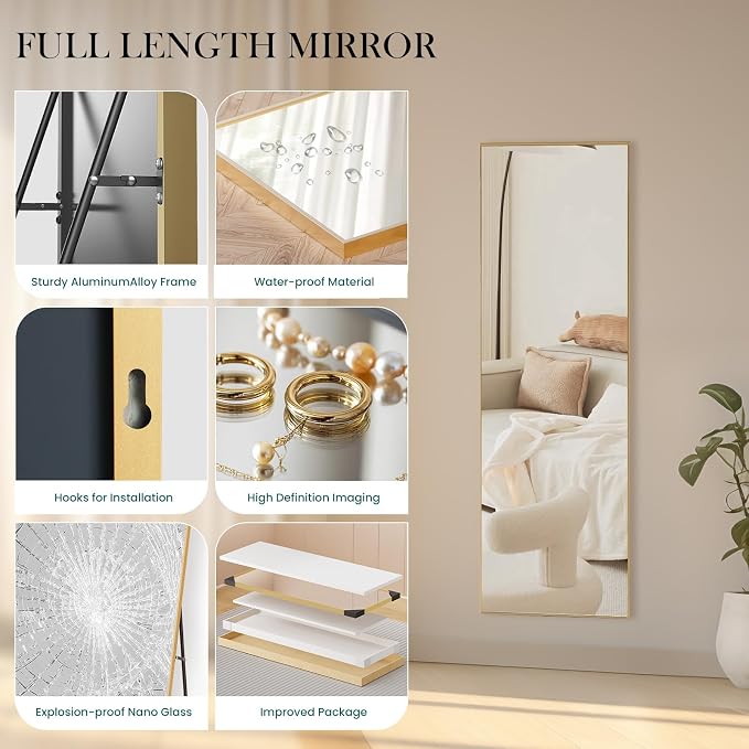 NEWBULIG Mirror Full Length, 16"x59" Body Wall Mirrors with Shatter-Proof Glass, Upgraded Floor Standing Mirror, Hanging or Leaning, with Stand Aluminum Alloy Frame for Home Decor, Bedroom, Gold