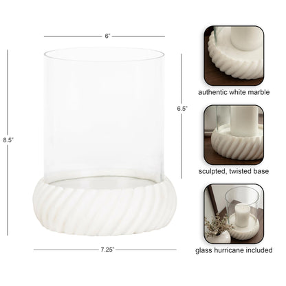 Kate and Laurel Trenza Modern Marble Candle Holder with Glass Cylinder, 8 x 8 x 9, White Marble, Transitional Twisted Base Pillar Candle Holder with Hurricane for Entryway or Living Room Decor