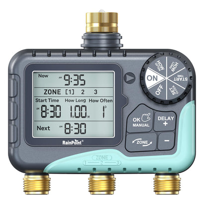 RAINPOINT 3 Zone Water Timer with Brass Inlet & Outlet, 3 Custom Watering Plans Sprinkler Timer, Featuring IP65 Waterproof,Rain Delay, Manual & Automatic Watering with Large LCD for Yard, 2026 Ver.