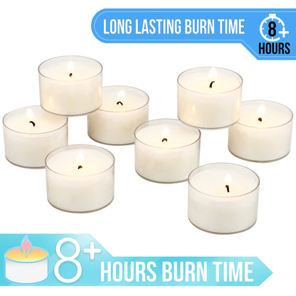 Stonebriar Tea Light Candles, 192 Pack, Unscented, Long Burning, Clear Cup, 8 Hour Burn Time, Model DTLR-192-8