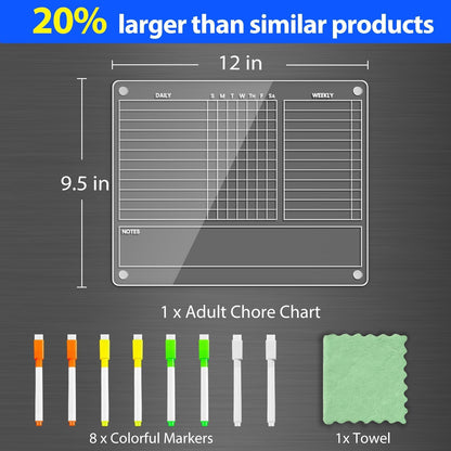 PigPotParty Acrylic Magnetic Chore Chart for Adults, 12x9.5 Inch Clear Dry Erase Chore Board for Fridge, Daily Weekly and Notes Sections, Pre-Installed Embedded Magnets, 8 Fine-tip Markers and Towel