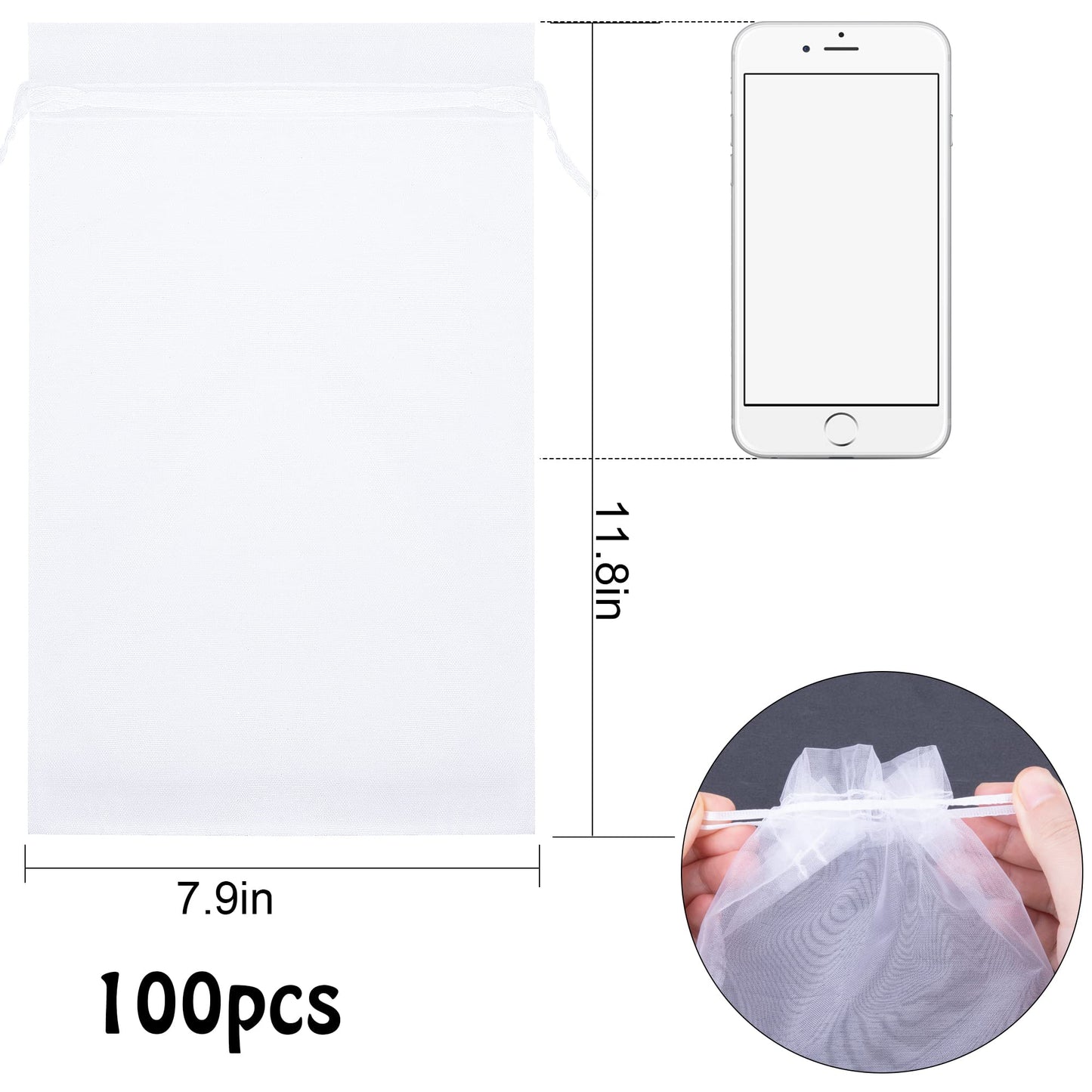 8x12 Inch 100 Pcs Penetrating Light Fruit Protection Bags- Organza Fruit Netting Barrier Bags,Garden Plant Fruit Mesh Bags with Drawstring