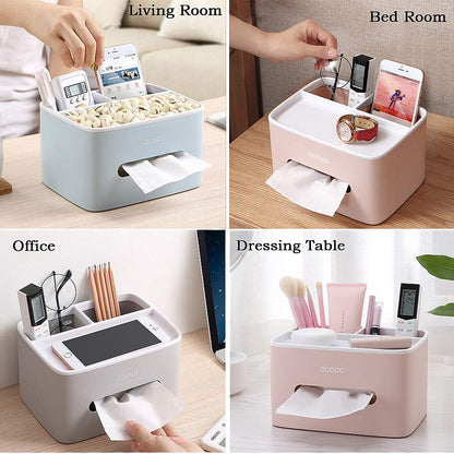 Multifunction Rectangular Tissue Holder Cover Case Facial Tissue Paper Box Napkins Dispenser Container Stylish Remote Control Desk Storage for Living Room Bedroom Dressers Home Office (Grey)