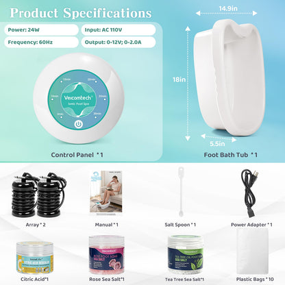 veicomtech Ionic Foot Bath Detox Machine, Detox Foot Bath with Sea Salt and Citric Acid Descaler, Ionic Foot Spa with 2 Arrays and 10 Tub Liners, Foot Detox Machine for Home Use & Salon