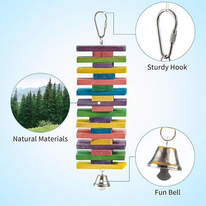 2 PCS 9.84" Multicolored Bird Toys - Stress Relief Chew Parrot Toys, Natural Wooden Blocks, Hanging Bird Cage Accessories, for Parakeets, Cockatiels, Conures, Budgies, Lovebirds