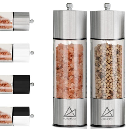 MODERNLYST Salt and Pepper Grinder Set Manual 2 Pack | Large Round Salt and Pepper Shakers Set | 7.5 inch Stainless Steel Salt Grinder Refillable | Manual Pepper Grinder (Stainless Steel)