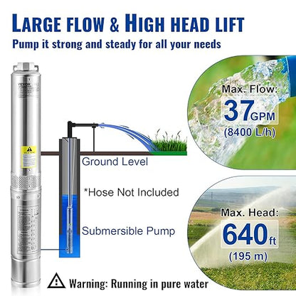 VEVOR Deep Well Submersible Pump, 3HP/2200W 230V/60Hz, 37GPM Flow 640 ft Head, with 33 ft Electric Cord, 4 inch Stainless Steel Water Pumps for Industrial, Irrigation & Home Use, IP68 Waterproof Grade