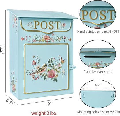 Mailbox Wall Mount Mailboxes for Outside Vintage Mail Boxes for House Outside Metal Drop Box Antique Style Nostalgic Charm Home Decorative, Flower Pattern Blue