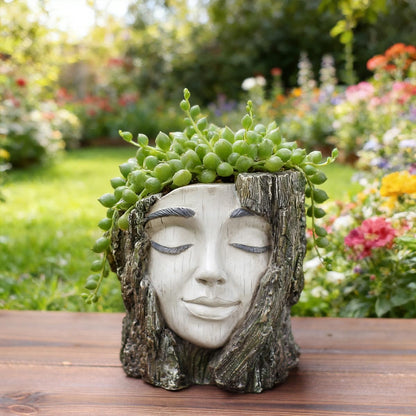 YOYLMAL Tree Stump Face Planter Pot, 4.9” Resin Women's Head Succulent Planter for Indoor Outdoor Plants, Unique Flower Pot with Drainage Hole, Gifts for Women Mom